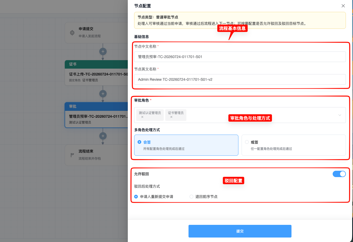 测试认证流程设计器配置面板